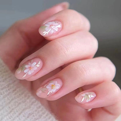 Short Press On Almond Fake Nails - Flower Acrylic Fall Nails Press Ons Full Cover Glue On Cute False Floral Stick On Nails for Women - 30 Pcs