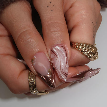 French Tip Press on Nails Medium Almond Fake Nails Brown Fall Nails Press Ons Brown Flower False Nails with Gold Rhinestones Design Glossy Glue on Nail Acrylic Stick on Nail for Women Set 24Pcs