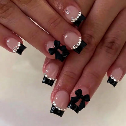24Pcs Square Press on Nails Medium Length Fake Nails with Rhinestone Designs Bow Pink French Tip False Nails Cute Full Cover Reusable Stick on Nails for Women Girls Manicure Kit
