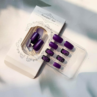 Purple Press On Nails Short Square Black Flowers Line Design Rhinestones