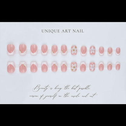 Short Square Press on Nails Flower White French Tip Fake Nails with 3D Floral Gold Bead Designs Glossy Reusable Full Cover Stick on False Nail Set for Women 24 Pcs