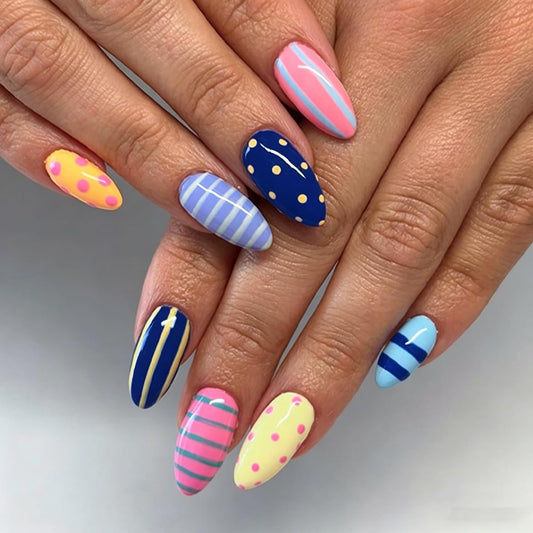 Medium Almond Press on Nails, Cute Colorful Stripes Polka Dot Fake Nails