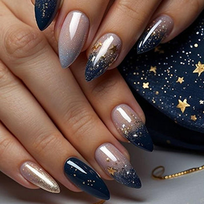 Spring Fake Acrylic Press On Nails – Starry Sky Designer False Nails Medium Almond, Salon Quality, Glossy Reusable Stick-On Nails for Weddings, Outdoor Picnics & Parties | Gift for Women