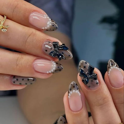 30Pcs Pink Press on Nails Medium Almond Fake Nails with 3D Flowers Pearl Designs Gold Flower False Nails Pink Gradient Acrylic Nail Tips Peach Blossoms Full Cover Stick on Nails for Women