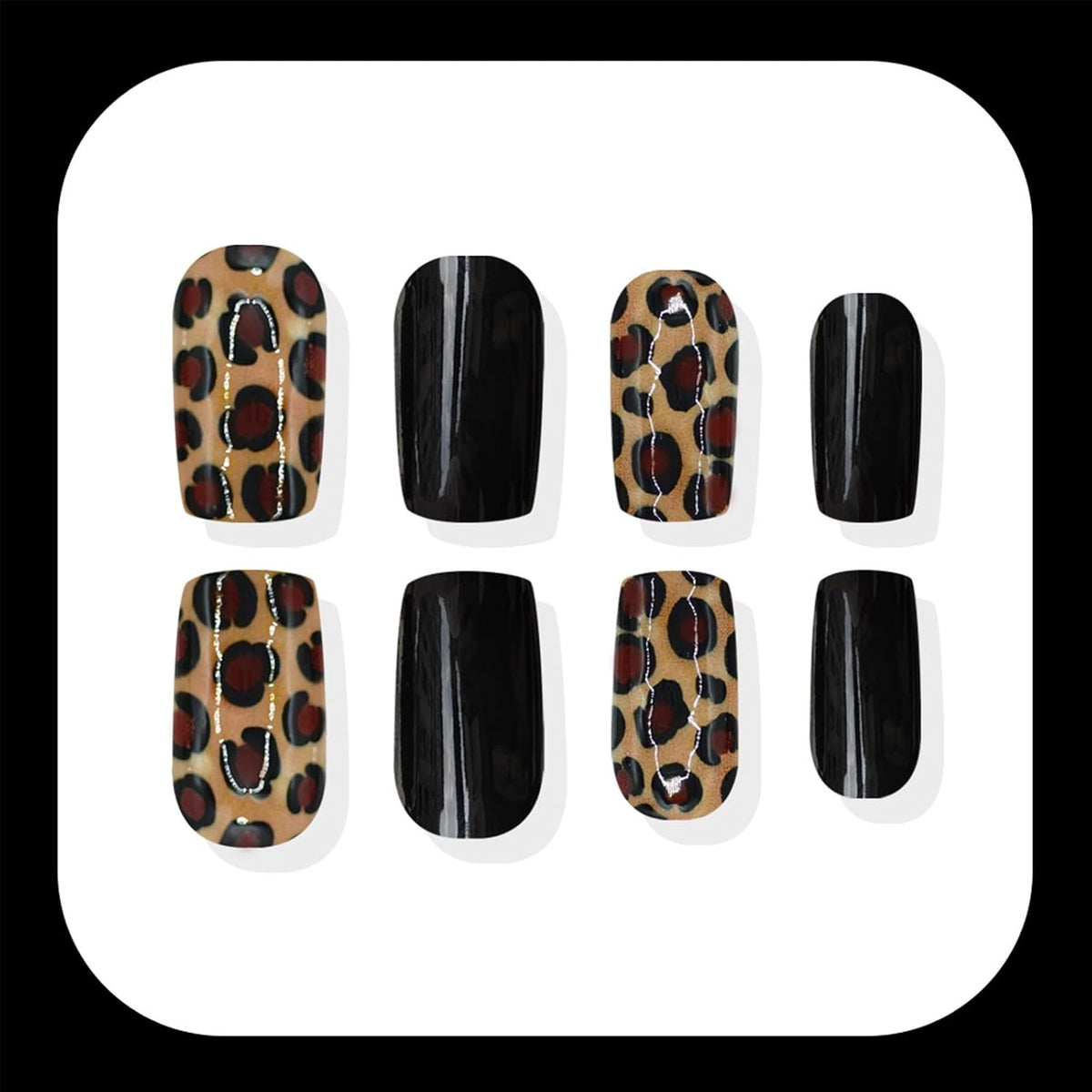 Leopard Press on Nails Medium Square Glossy Black Fake Nails