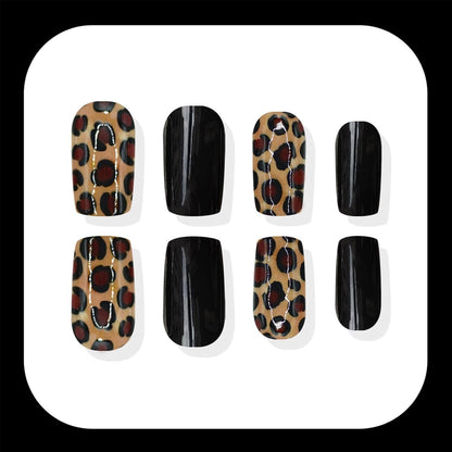 Leopard Press on Nails Medium Square Glossy Black Fake Nails