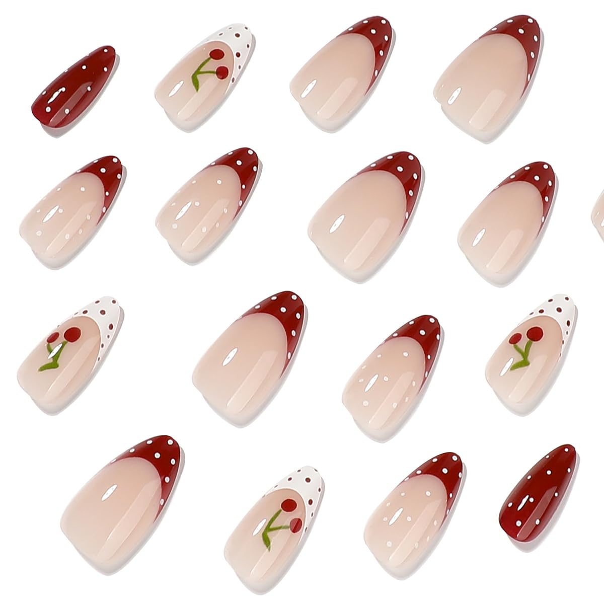 Medium Almond Press On Nails - Polka Dot & Cherry
