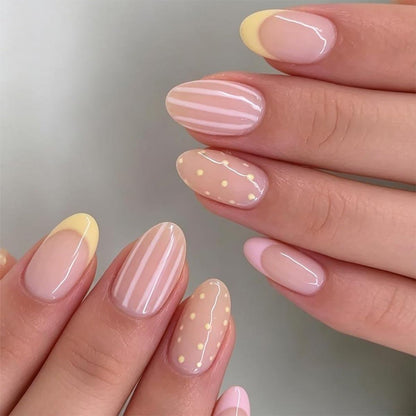 French Tip Press on Nails Short Almond Nude Fake Nails Press on with Polka Dot Design Stripe False Nails Glossy Full Cover Summer Nails for Women 24Pcs