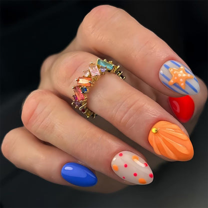 French Tip Press on Nails Short Almond Nude Fake Nails Press on with Polka Dot Design Stripe False Nails Glossy Full Cover Summer Nails for Women 24Pcs