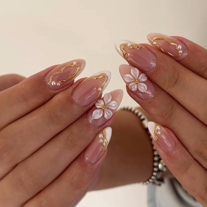 White French Tips Press on Nails, Irregular Gold 3D Lines with Flower & Pearl Design, Reusable Salon Quality Acrylic False Nails for Women, Glue On Nails with Adhesive Tabs for Daily Wear