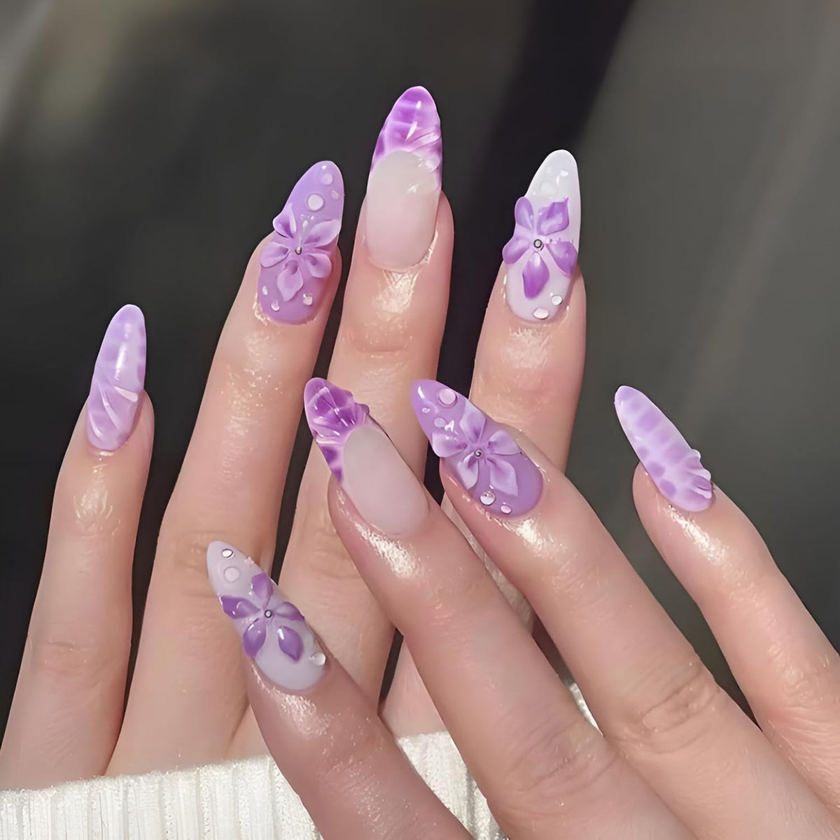 French Tip Press on Nails Medium Almond Fake Nails Brown Fall Nails Press Ons Brown Flower False Nails with Gold Rhinestones Design Glossy Glue on Nail Acrylic Stick on Nail for Women Set 24Pcs