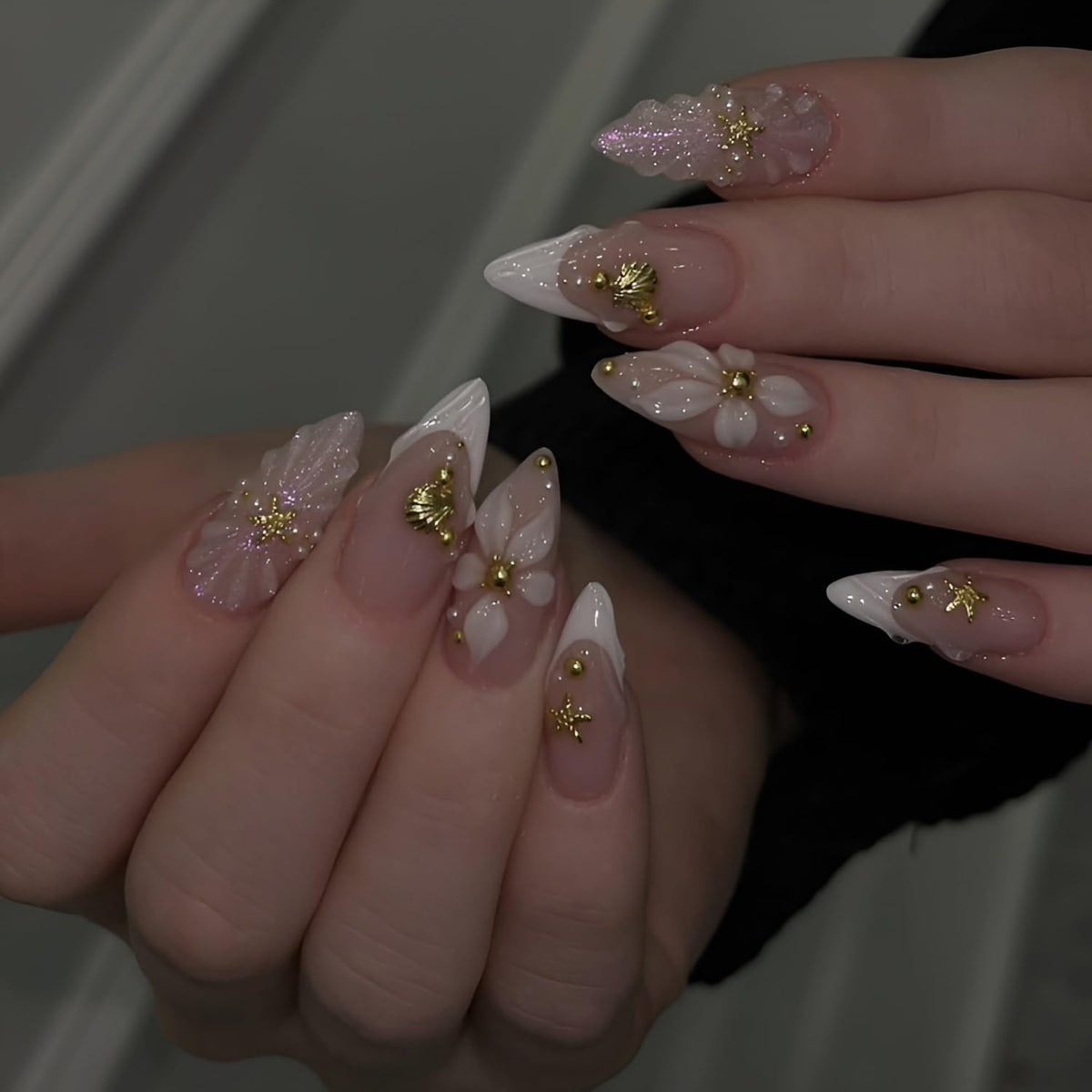 French Tip Press on Nails Medium Almond Fake Nails Brown Fall Nails Press Ons Brown Flower False Nails with Gold Rhinestones Design Glossy Glue on Nail Acrylic Stick on Nail for Women Set 24Pcs
