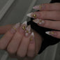 French Tip Press on Nails Medium Almond Fake Nails Brown Fall Nails Press Ons Brown Flower False Nails with Gold Rhinestones Design Glossy Glue on Nail Acrylic Stick on Nail for Women Set 24Pcs