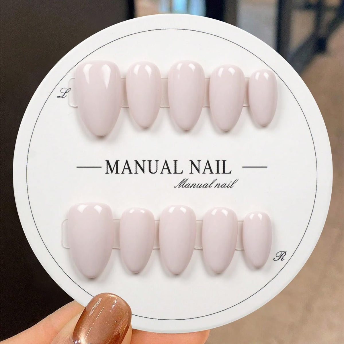 Handmade Press on Nails Short Almond Nude Polka Dot Glossy Reusable Fake Nails, Minimalist Beige Acrylic Press on Nails with White Dot Design for Women Girls 10 PCS(M)