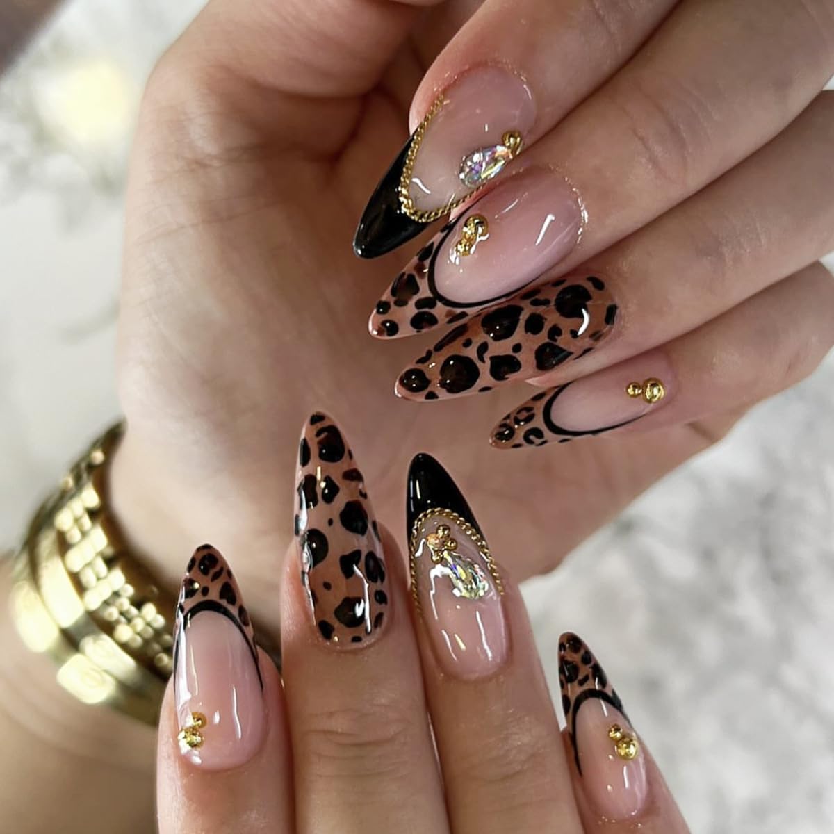 Fall Press on Nails Medium Almond, French Tip & Leopard Print
