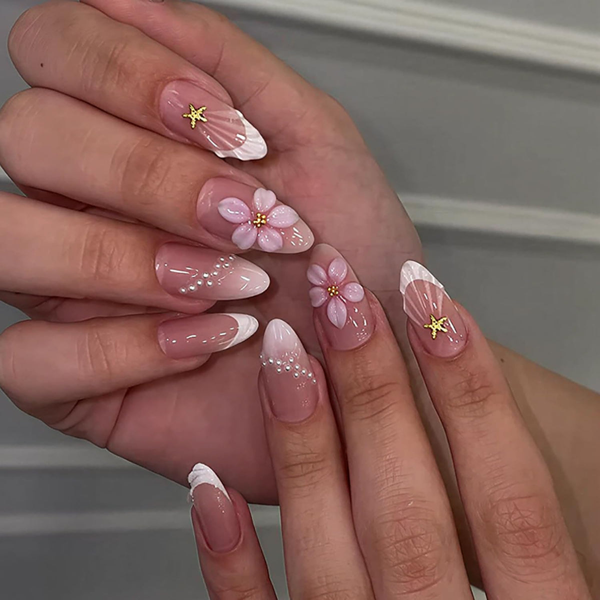 Spring Press On Nails French Fake Nails Medium Almond False Nails With Flower Pearl Designs Acrylic Nail Press Ons Full Cover Glue On Nails Glossy Stick On Nails For Women Manicure 24Pcs