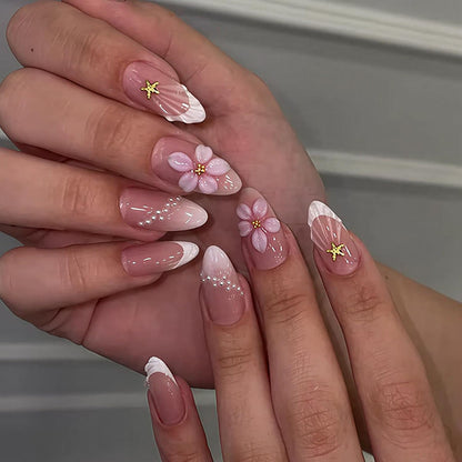 Spring Press On Nails French Fake Nails Medium Almond False Nails With Flower Pearl Designs Acrylic Nail Press Ons Full Cover Glue On Nails Glossy Stick On Nails For Women Manicure 24Pcs