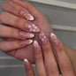 Spring Press On Nails French Fake Nails Medium Almond False Nails With Flower Pearl Designs Acrylic Nail Press Ons Full Cover Glue On Nails Glossy Stick On Nails For Women Manicure 24Pcs
