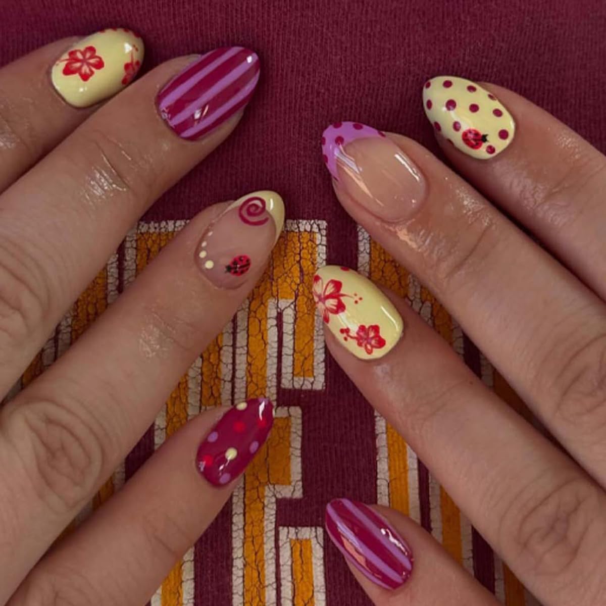 Medium Almond Press On Nails - Polka Dot & Cherry