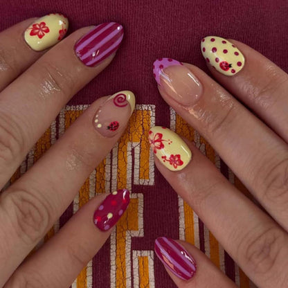 Medium Almond Press On Nails - Polka Dot & Cherry