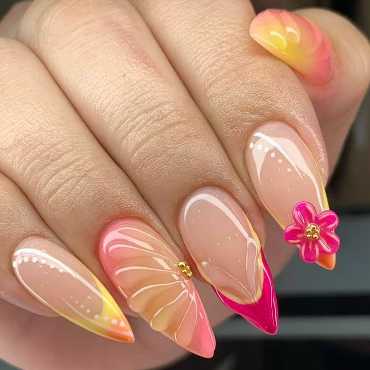 24Pcs Nail Press ons, Medium Press On Nails Almond Nude Pink Fake Nails with Cat's Eye Glossy High-end Design, Acrylic Artificial False Stick On Nails for Women Girls