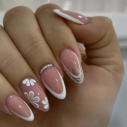 24PCS French Tip Press On Nails, Glossy Nude Square, Silver Edge