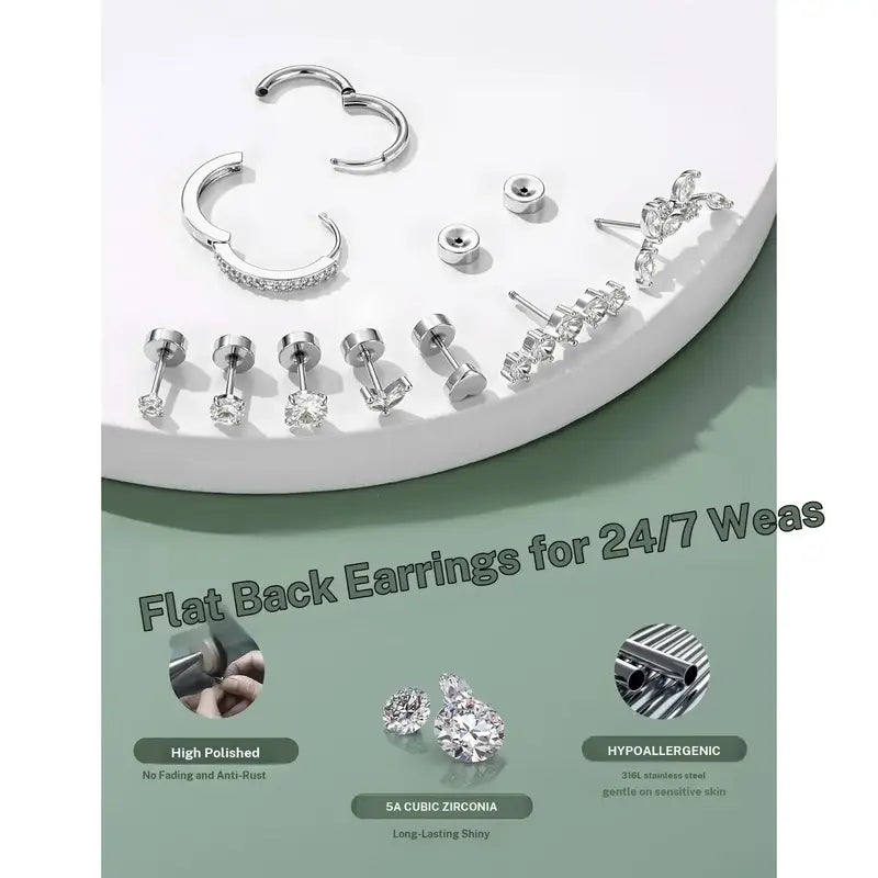 Women's Medical Steel Earring Stack Set, 11 Pairs Hypoallergenic Flat Back Studs & Hoops, Tarnish Free Accessories for Conch & Helix Piercings, Everyday Fashion Jewelry