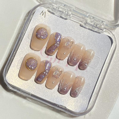 10Pcs Handmade Press On Nails Reusable Medium Handmade Acrylic Press Nails New Summer Collection, Cute Elegant Luxury Cat Eye Design, Ocean Inspired, High Quality Soft Sophisticated Look for Women Nail Art