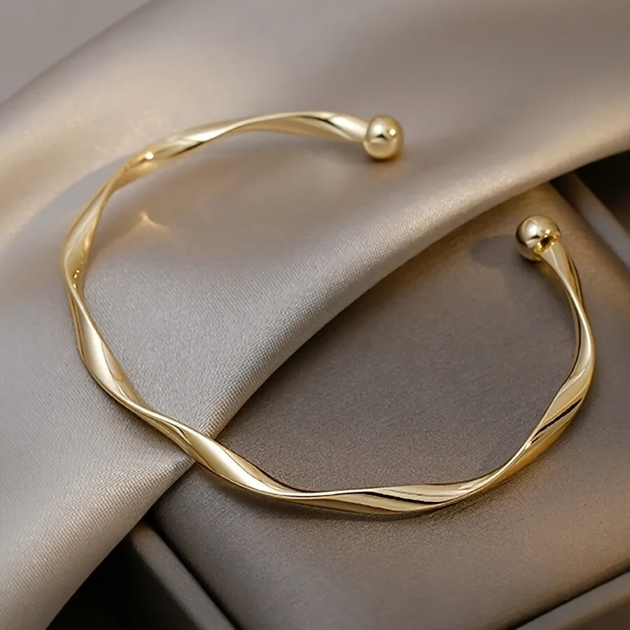 1pc Vintage Golden Silver Twisted Wave Bangle Elegant Simple Open Bracelet with Ball Ends Delicate Metal Wrist Jewelry Accessories for Women
