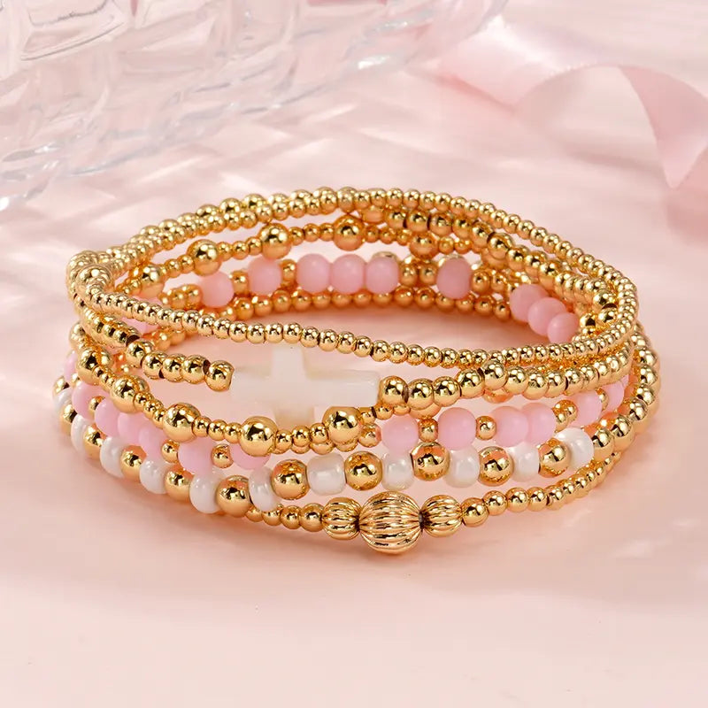 SHINUS Women's Boho 14 Karat Gold-Plated Brass Small Seed Ball Beads Stretch Bracelet Wrist Stack - 7in, Stackable, Trendy, Waterproof, Pink Link, Gold Aesthetic, Unique Costume Jewelry, Accessories for Women, Valentine's Day Gift, Jewelry For Women, Funk