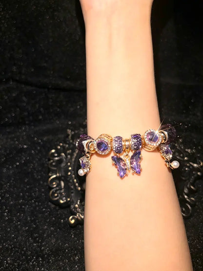 Womens Sparkly Purple Butterfly Charm Bracelet, Pearl Dangle Rhinestone Beaded Jewelry for Girls