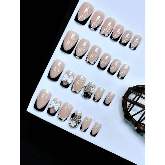 24Pcs Set French Style Black & White Tie Dye Polka Dot Press-On Nails, Reusable, With Bowknot, Star Rhinestones, Cute & Chic, Suitable For Dates, Spring, New Year, Christmas, Daily, Birthday, Festival, Spring/Summer New Arrival Nail Supplies Nails