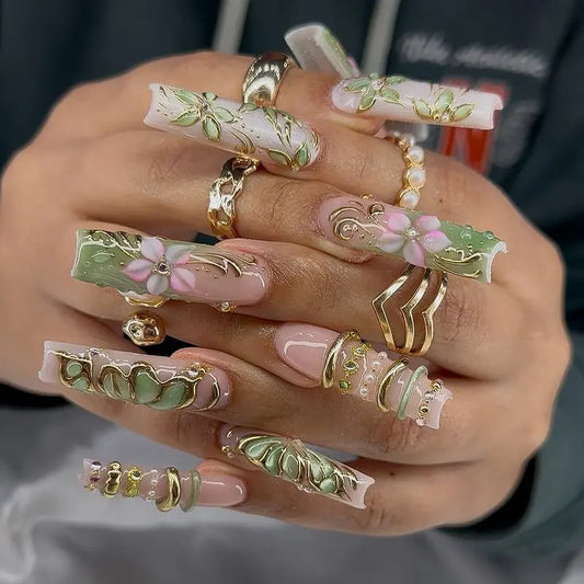 Handmade Elegant Floral Press On Nails | Pink 3D Petals, Gold Foil Accents & Clear Gloss Base | Long Square Nails For Romantic Glam Vibes