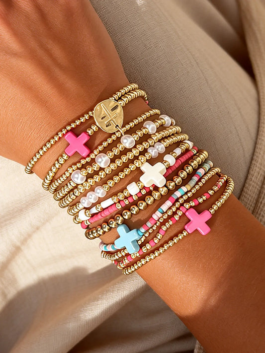 13-Piece Fashion Ccb Set with Imitation Pearls, Colorful Bead Bracelets, Cross Decor Multi-Layered Wristbands, Stackable Bangle Bracelets, Women's Accessories, Beaded Bracelet Set, Stacked Bracelets