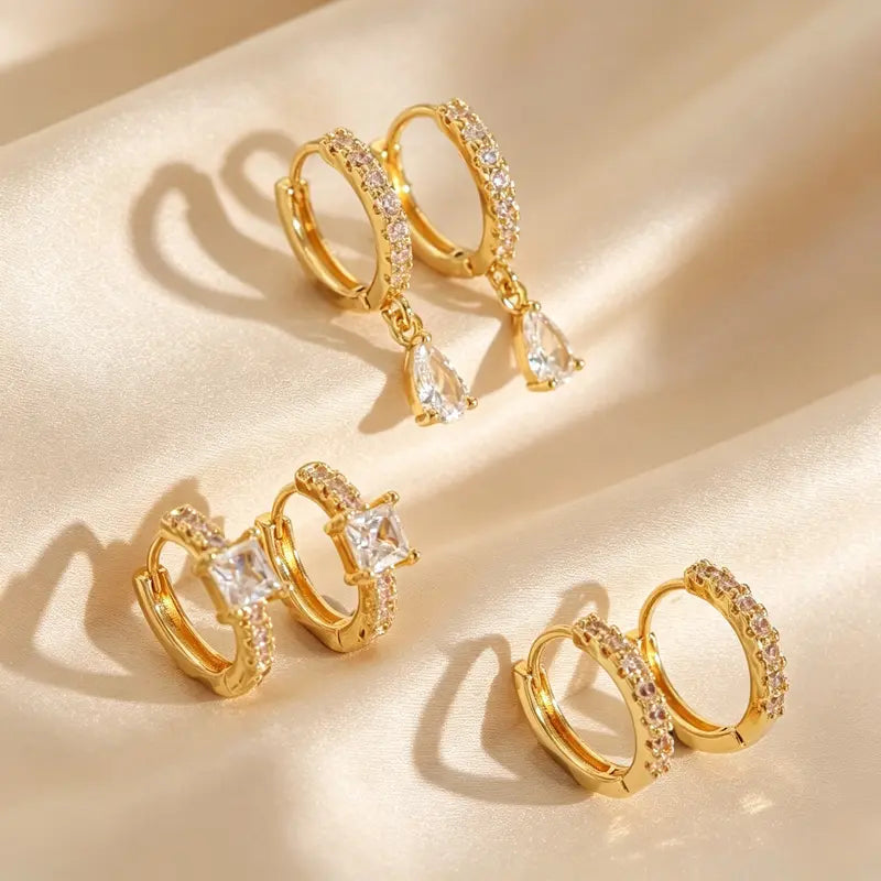 Women's 3-Pair Huggie Hoop Earrings Multipack - Paved Inlaid Accents, Metal Coating, Mixed Teardrop & Square Dangles, Stacking Fit, Casual Trendy Jewelry, Fashion Chic Accessories for Daily & Party Use, Ideal Gift