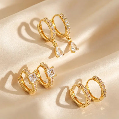 Women's 3-Pair Huggie Hoop Earrings Multipack - Paved Inlaid Accents, Metal Coating, Mixed Teardrop & Square Dangles, Stacking Fit, Casual Trendy Jewelry, Fashion Chic Accessories for Daily & Party Use, Ideal Gift