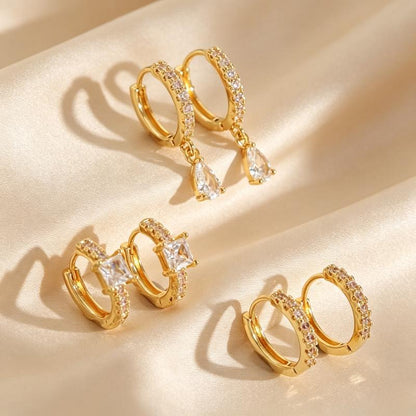 Women's 3-Pair Huggie Hoop Earrings Multipack - Paved Inlaid Accents, Metal Coating, Mixed Teardrop & Square Dangles, Stacking Fit, Casual Trendy Jewelry, Fashion Chic Accessories for Daily & Party Use, Ideal Gift