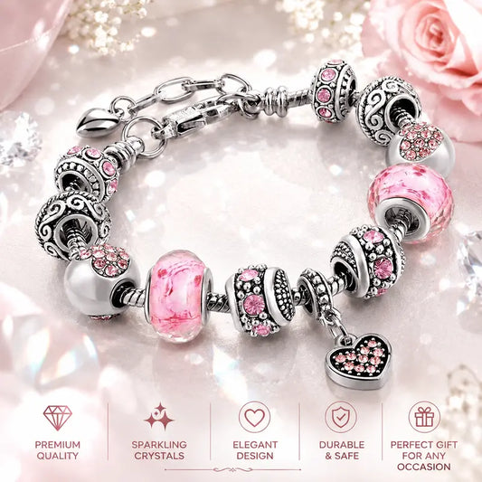 ARPURRAINA Women's Pink Stainless Steel Heart Design Bracelet Set, Exquisite Fashionable Jewelry with Delicate Beads, Dazzling Pendant, Adjustable Serpentine Chain, Bracelet Stacks for Valentine’s Day Gifts for Women