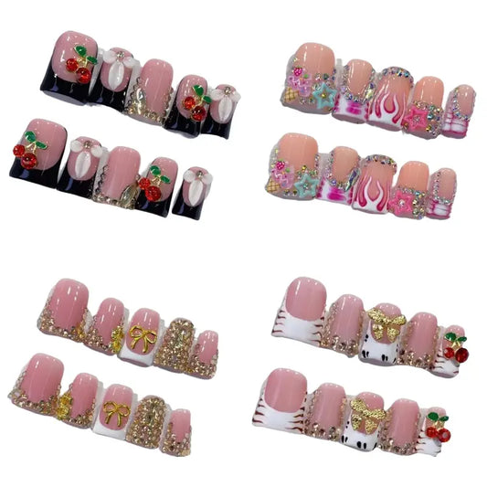Nailrosy Women's 10Pcs Handmade Glossy Short Flare Shape Acrylic Nail Set - Duck Pink White Black Press-Ons with 3D Flowers, Y2K Cherry Golden Bow, Reusable DIY Fake Nails Kit, Festivals Parties Use, Gift Box Included