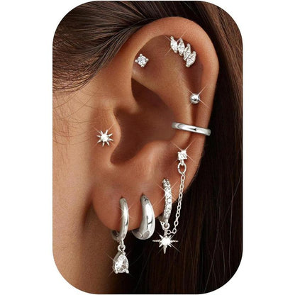 CASSIECA 8Pairs Earrings Stack Set for Women Gold Plated Hypoallergenic Chain Cartilage Pieces Silver Huggie Hoop Studs for Multiple Piercings Lightweight Jewelry For Women Sohochic