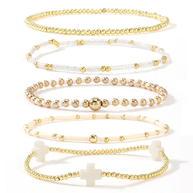 SHINUS BOHO Bracelet Stack for Women, 5-Piece Bohemian Layered Set with Colorful African Vinyl Beads and Gold-Plated Cross Charm, Stretch Beach Jewelry, Jewelry For Women, Teenage Girls Gifts, Beach Wear, Wrist Stack, Fashion
