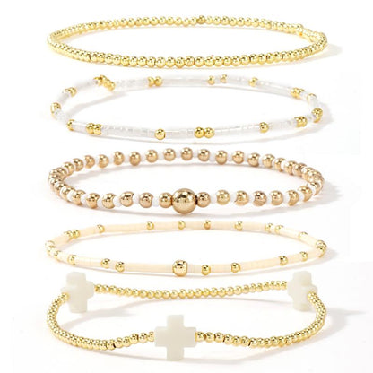 SHINUS BOHO Bracelet Stack for Women, 5-Piece Bohemian Layered Set with Colorful African Vinyl Beads and Gold-Plated Cross Charm, Stretch Beach Jewelry, Jewelry For Women, Teenage Girls Gifts, Beach Wear, Wrist Stack, Fashion