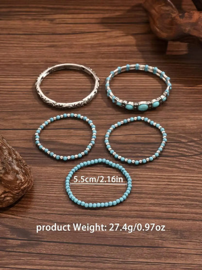 Western Cowboy Style Vintage Stackable Beaded Boho Style Bracelet Set, 5 Pcs Unisex Elastic String Jewelry for Daily Wear, Suitable for Men and Women, Beaded Bracelet Sets