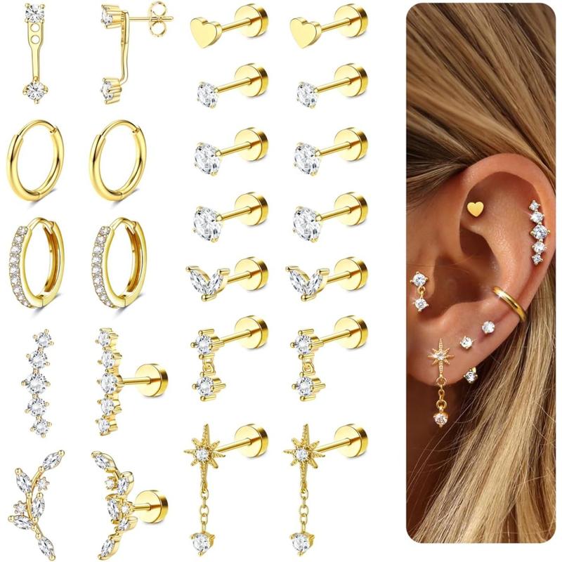 Women's Medical Steel Earring Stack Set, 11 Pairs Hypoallergenic Flat Back Studs & Hoops, Tarnish Free Accessories for Conch & Helix Piercings, Everyday Fashion Jewelry