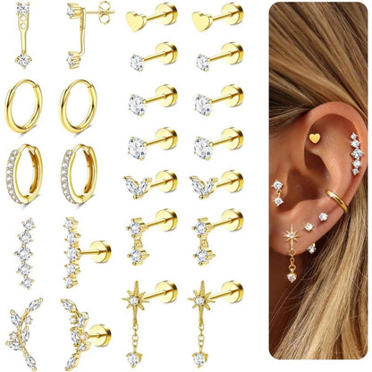 Women's Medical Steel Earring Stack Set, 11 Pairs Hypoallergenic Flat Back Studs & Hoops, Tarnish Free Accessories for Conch & Helix Piercings, Everyday Fashion Jewelry