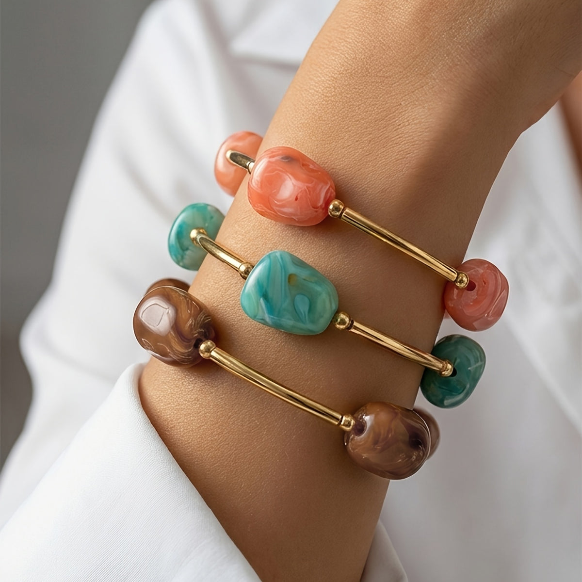 3pcs Bohemian Stone Bead Bracelets for Women - Plated Stackable Multi-Color Beaded Jewelry, Ethnic Suitable for Daily Wear, Parties, Vacations, Gift, Middle East/Ramex/African, Year-Round Versatile