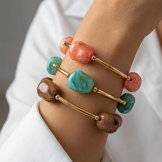 3pcs Bohemian Stone Bead Bracelets for Women - Plated Stackable Multi-Color Beaded Jewelry, Ethnic Suitable for Daily Wear, Parties, Vacations, Gift, Middle East/Ramex/African, Year-Round Versatile