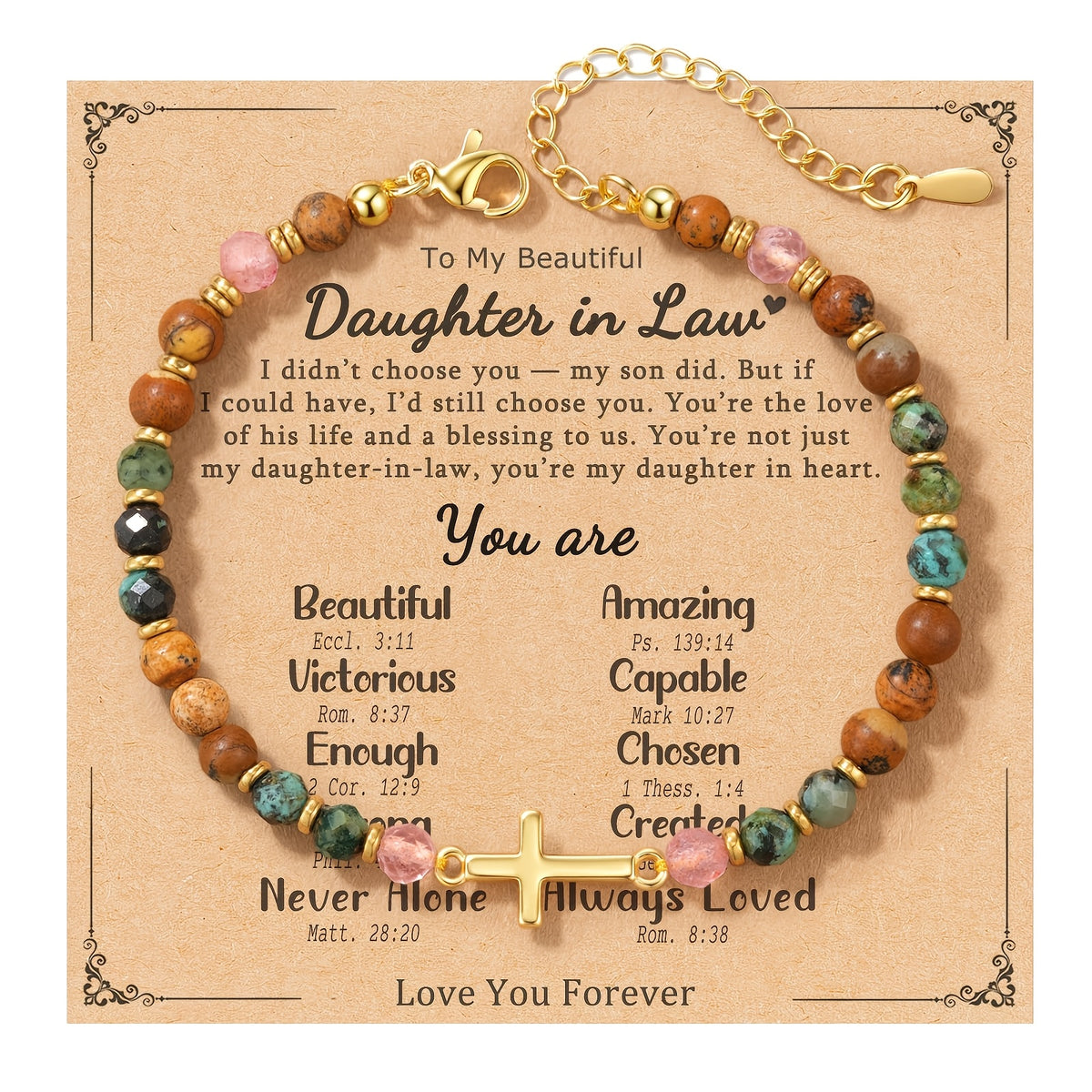 Cross Bracelet Christian Baptism Confirmation Gift Christian Sisters Friendship Bracelet Three Stones Protection Bracelet for Bonus Mom Daughter-In-Law Godmother Bestie Friend Family Birthday Easter Christmas Mother'S Day Holiday Gift with Card