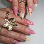 30Pcs Pink Press on Nails Medium Almond Fake Nails with 3D Flowers Pearl Designs Gold Flower False Nails Pink Gradient Acrylic Nail Tips Peach Blossoms Full Cover Stick on Nails for Women