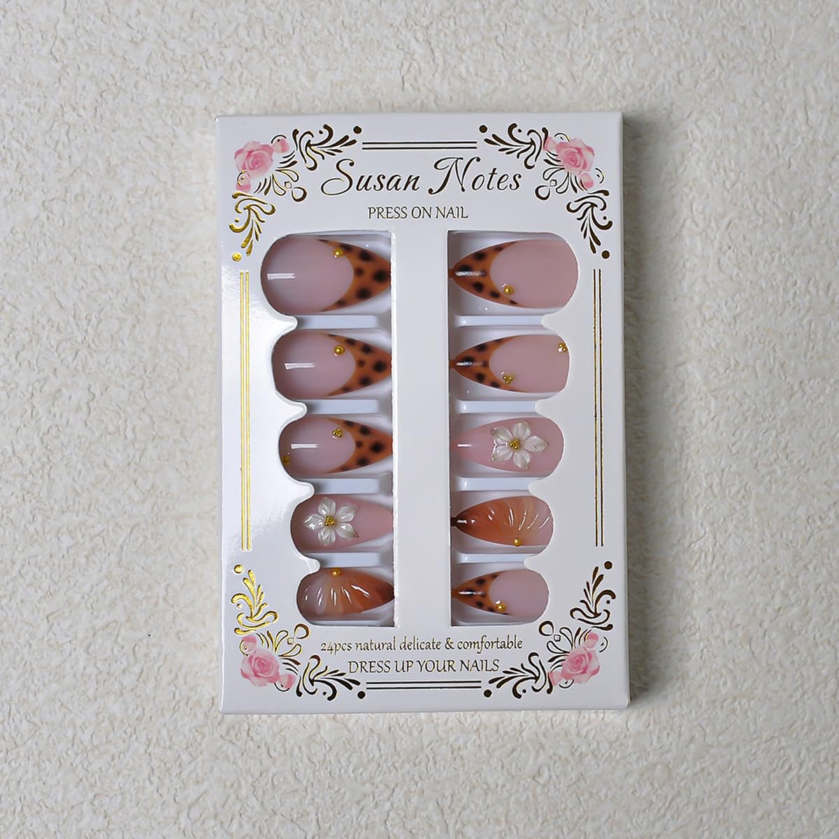 Fall Press on Nails Medium Almond, French Tip & Leopard Print
